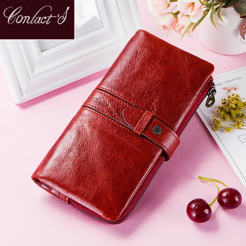 

Contact's Red Fashion Wallet Clutch Women 100% Genuine Leather Purse Ladies Wallets HasP Card Hold Cartera Mujer Portfel Damski