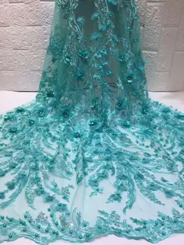 

newest Embroidered net lace fabric with 3D flower JOY-2225 african full beaded tulle net lace fabric with stonefor wedding dress