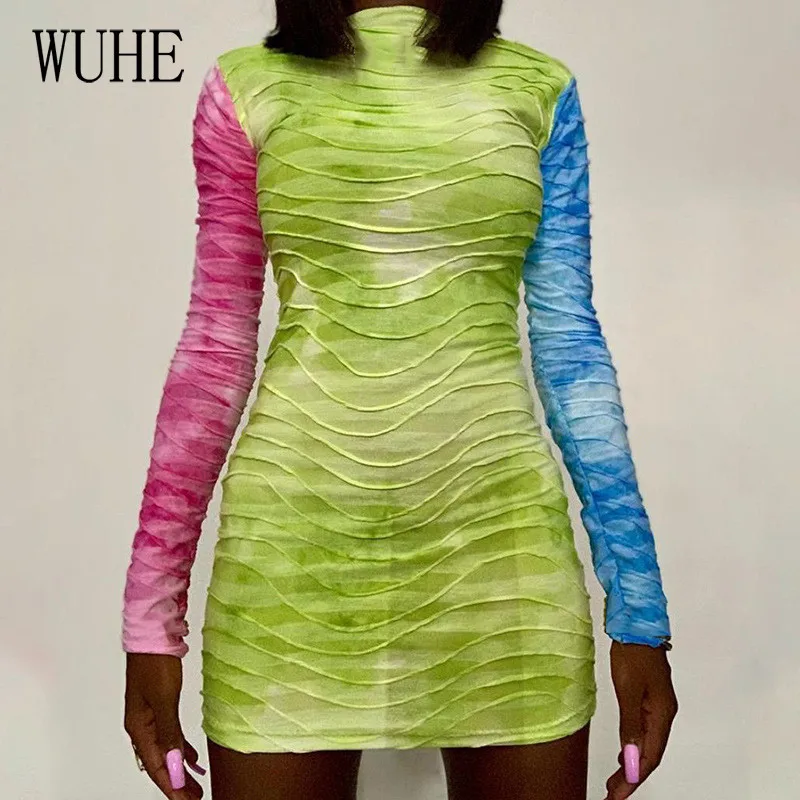 

WUHE Women Autumn Patchwork Color Block Long Sleeve Skinny Mini Pleated Dress Bodycon Bandage Package Hip Draped Short Dress