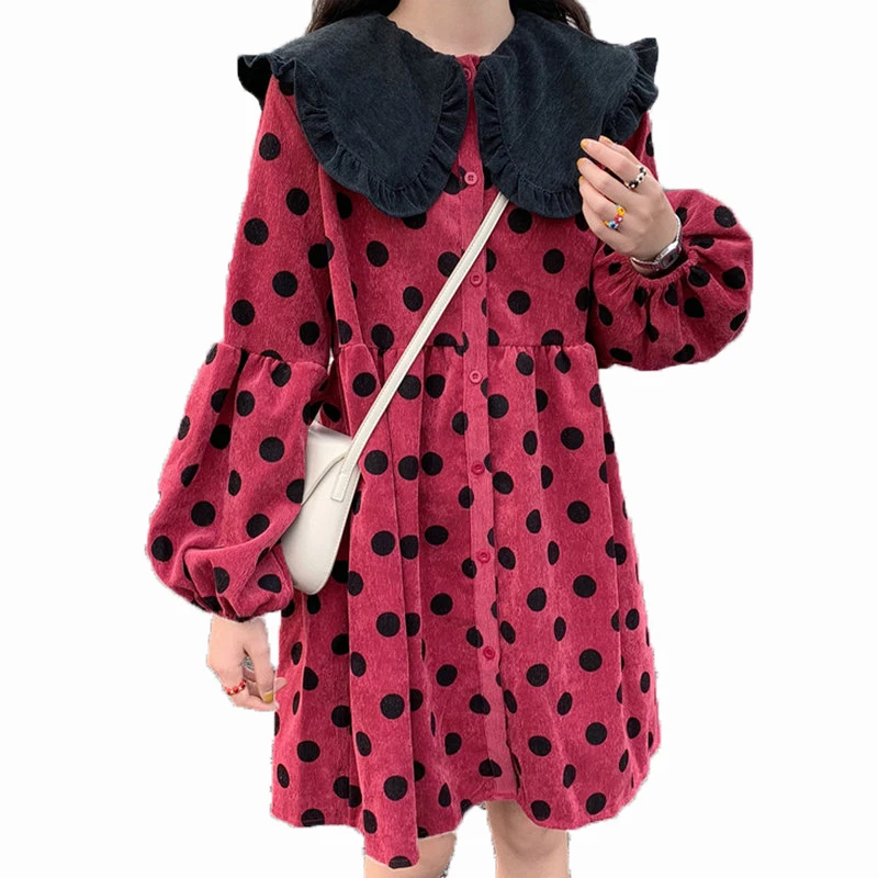 

Women Autumn Shirt Dresses Red Khaki Polka Dot Pattern Corduroy Dress Female Peter Pan Collar Loose Fitting Flannel Shirtdress