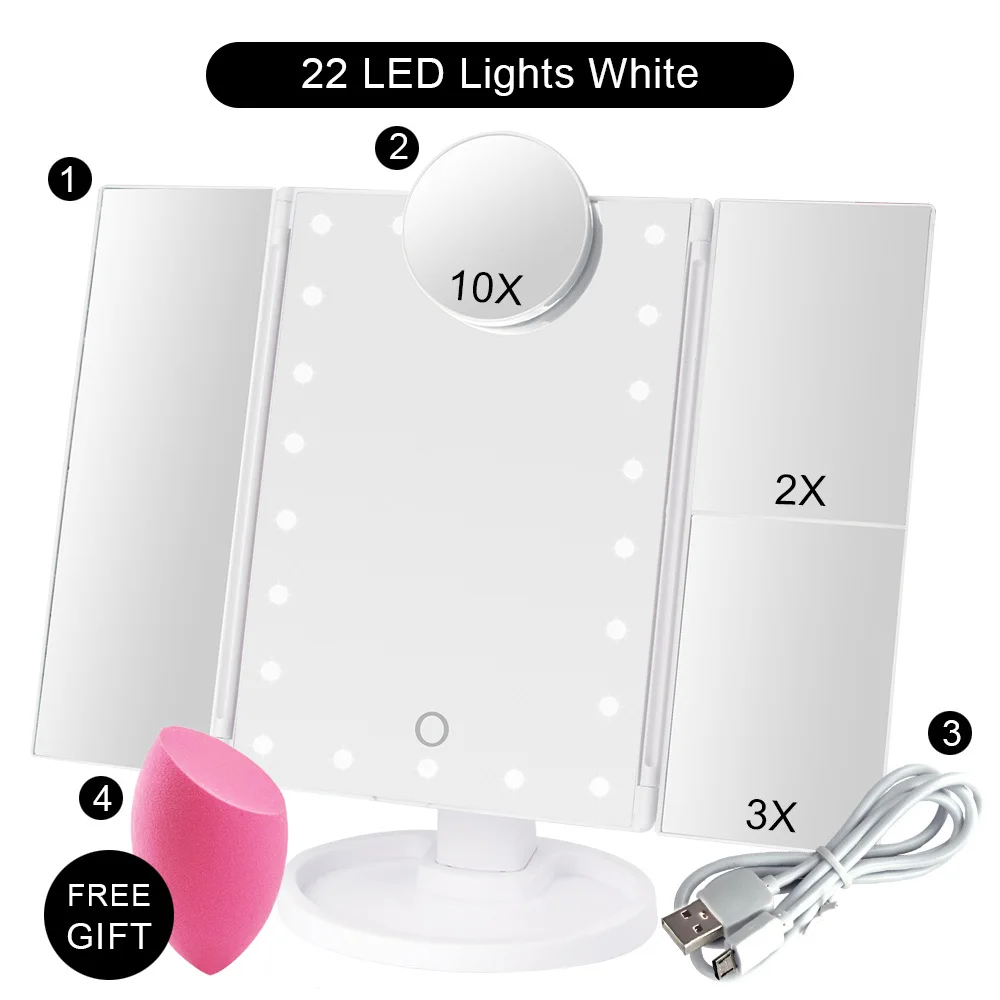 22 светодиодный зеркало для макияжа с лампой косметический сенсорный экран гибкое увеличительное 1X/2X/3X/10X косметическое зеркало Регулируемый USB или аккумулятор - Цвет: WH 22 Light Set D