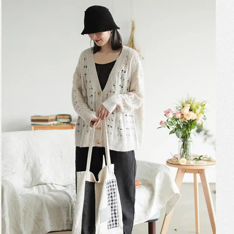 Johnature винтажная женская одежда осенний свитер кардиганы с v ...