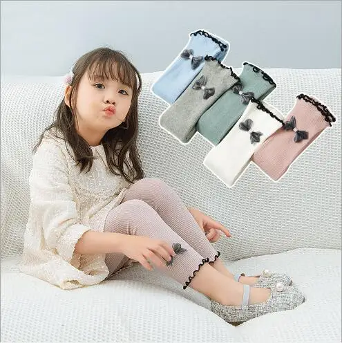 

Spring and summer new children's pantyhose combed cotton cropped pants thin bow leggings for girls