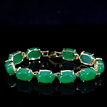 

New Semi-precious oval chalcedony green stone jades gold-color chain bracelet weddings anniversary gift jewelry 7.5"B1167