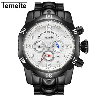 Мужские модные часы TEMEITE, брендовые, с хронографом, многофункциональные, с календарем, светящиеся, водонепроницаемые часы для мужчин, s Quart, часы из стали, подарок - Цвет: Black White