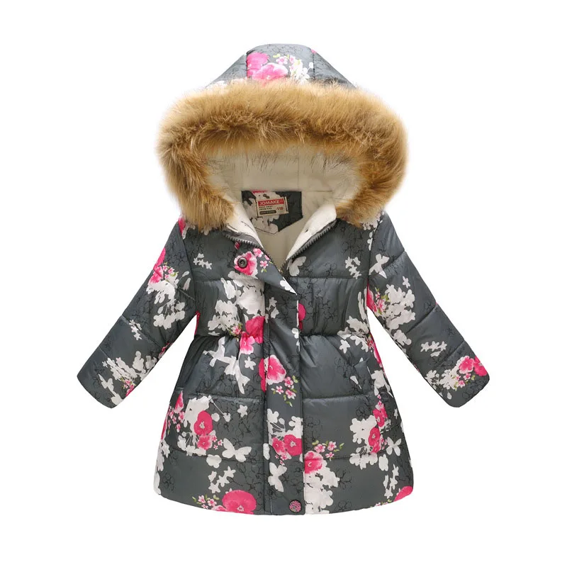 Детское пальто с цветочным рисунком для девочек; хлопковые куртки с капюшоном; теплая верхняя одежда для девочек; Одежда для мальчиков; Модный зимний комбинезон из плотного бархата; парка; пуховые пальто - Цвет: Plum Blossom-Gray