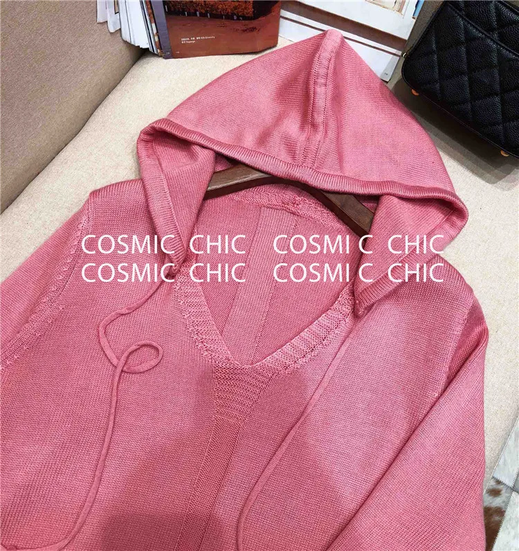 Cosmicchic, женский зимний вязаный костюм, модный, v-образный вырез, Повседневный, с капюшоном, шерсть, спортивный костюм, однотонный, толстовка с длинным рукавом, женский брючный костюм