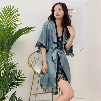 

Fdfklak Spring Summer 2020 New Dressing Gown Lace Nightwear Lingerie Set Nighty 2 Piece Pink/White Robe Night Dress Women Gown