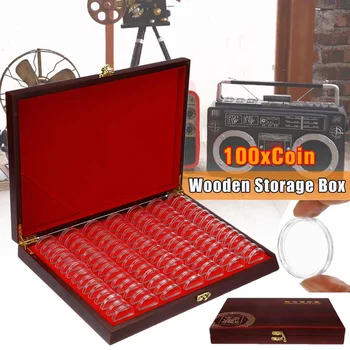 

100pcs Retro Wooden Coins Capsules Containers Holder Round Coin Collection Storage Box Display Case