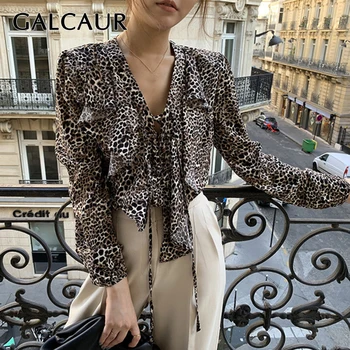 

GALCAUR Patchwork Ruffle Lace Up Leopard Shirt Women V Neck Long Sleeve Oversize Female Blouses 2020 Autumn Winter Fashion New