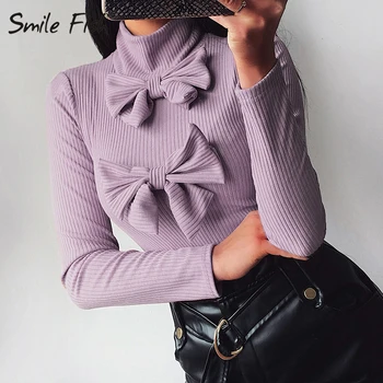 

Spring Office Work Lady Purple Ribbed Sweaters Elegant Bow High Neck Women Knitted Shirts Autumn Khaki Pullovers Blusas G1167