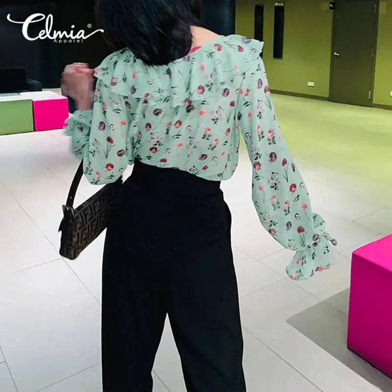 Celmia Fashion Blouse Women Summer Tops 2020 Chiffon Shirt Vintage Floral Print Ruffled Long Sleeve V-neck Elegant Office Blusas