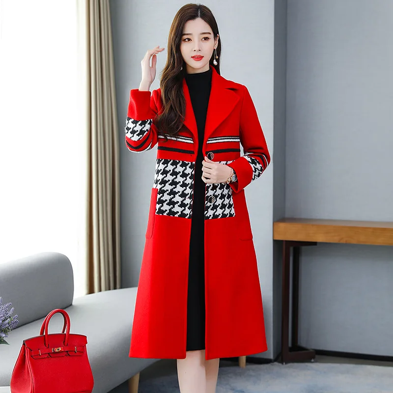 

Western Style Nice Thousands of Birds Woolen Jacket Suit Collar Slit Medium-length Duffle Coat Year of Fate Wedding Bride Back D
