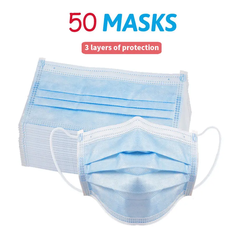 

50pcs Anti-vira mask Disposable 3 Layer Protective Masks Antibacte Anti-fog Safety Filter Nonwoven Breathable