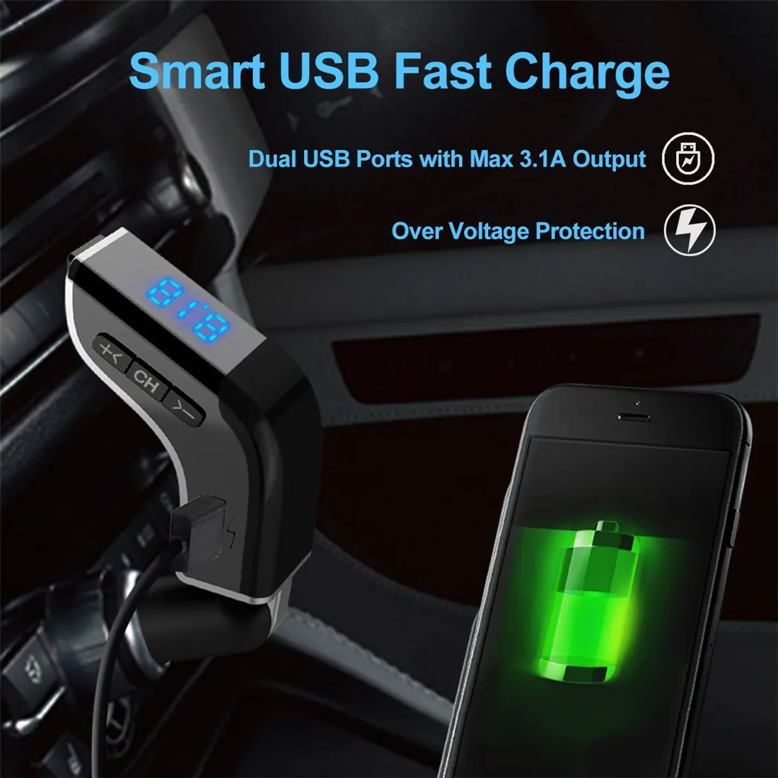V2 Bluetooth FM Transmitter Bluetooth Adapter Auto Radio Transmitter,2-Port USB Ladeger?t mit QC3.0