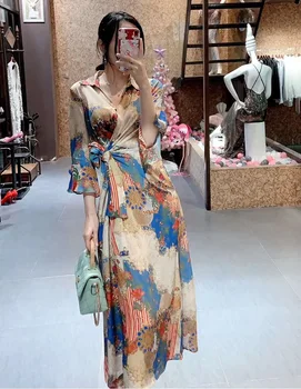 

100%Silk Dress 2020 Spring Summer Style Women Turn-down Collar Green Leaves Print Bowknot Front Sexy Split Blue Yellow Dress