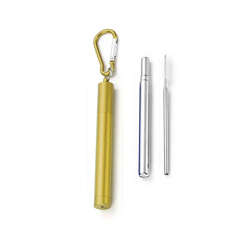 Stainless Steel Straw Reusable Metal Straw Portable Collapsible Eco Friendly Foldable with Case Brush Drinking Bar Accessories - Цвет: Silver Straw Gold