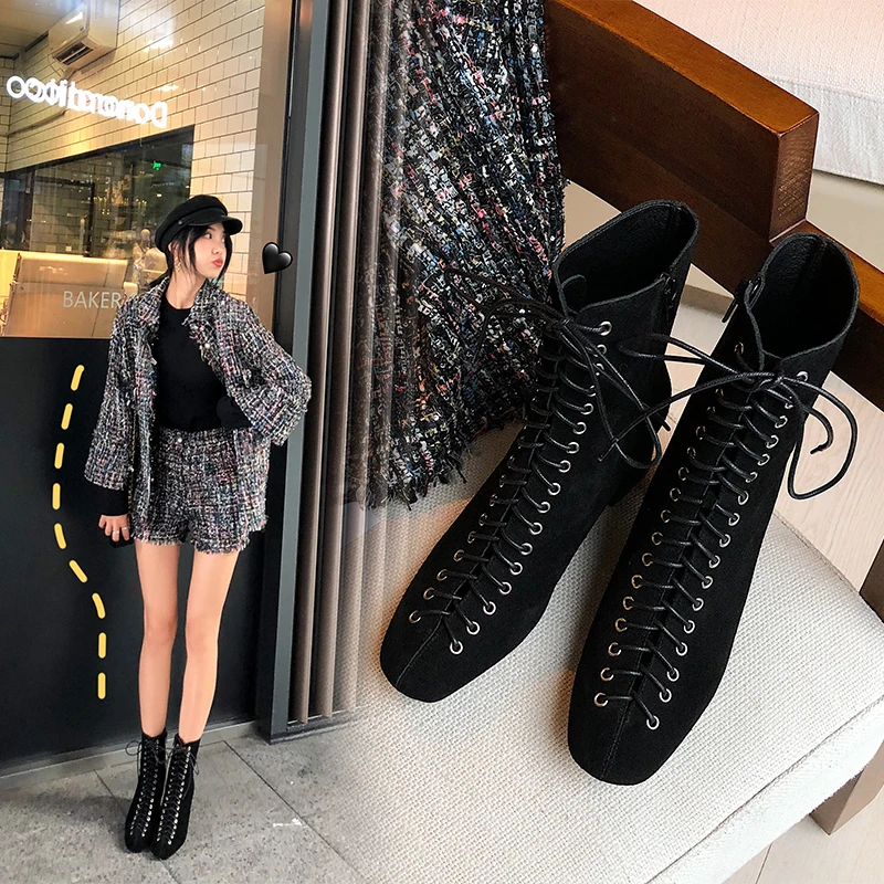 Women Ankle Boots Genuine Leather 22-25.5 Cm Feet Length Cowhide + Cow Suede Retro Modern Martin Boots Ankle Boots for Women