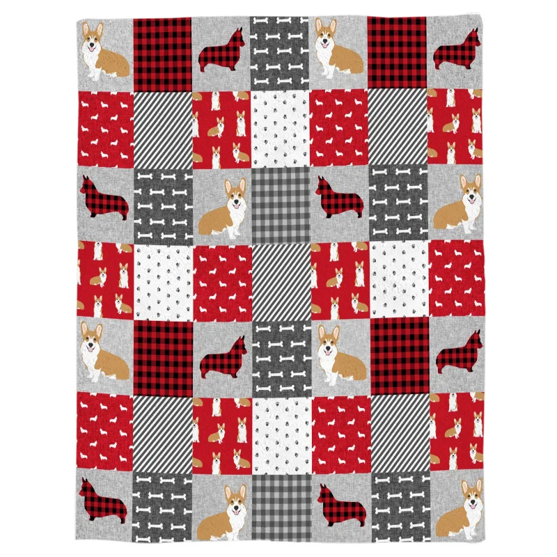 

Cartoon Design Corgi Patchwork Print Red Dog Buffalo Plaid Mens Corgi Dog Throw Blanket Bedspread Design Soft Fleece Blanket