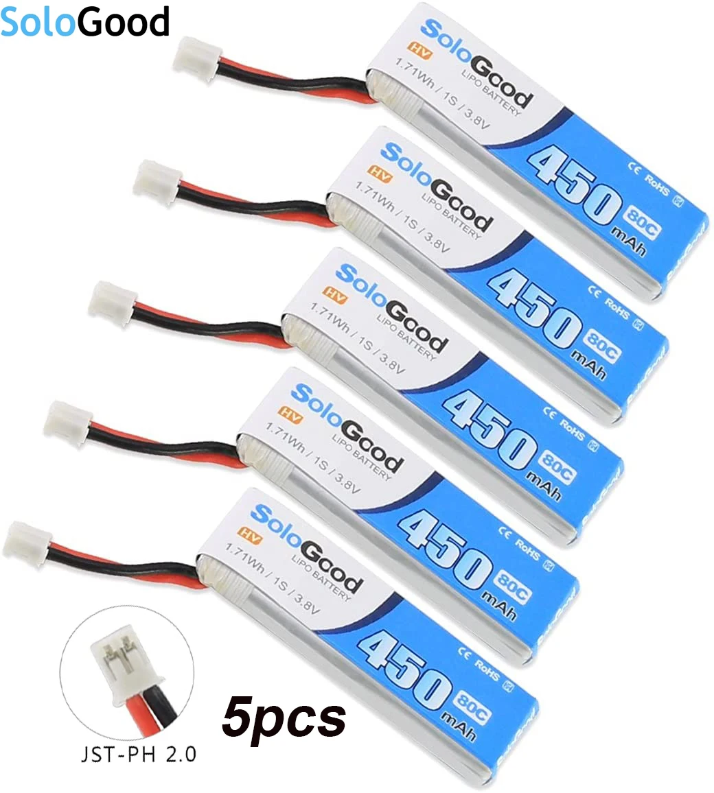 5 шт. SoloGood 450mAh 1S LiPo Батарея 3 8 v JST-PH 2 0 80C LiHV для небольшой гоночный Дрон с видом от