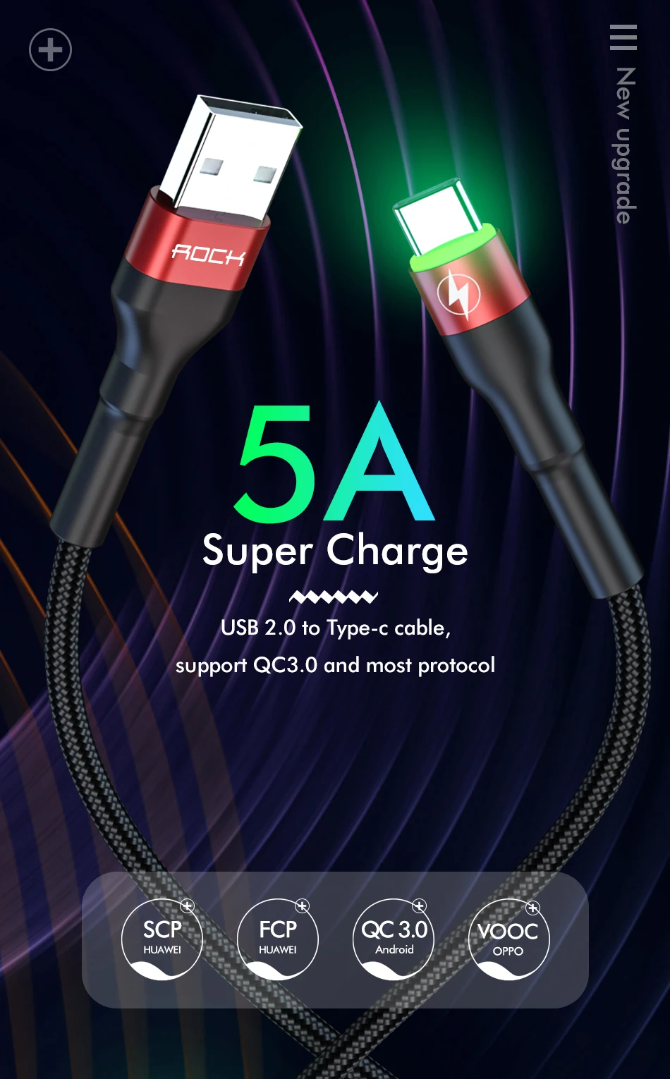 ROCK usb type C кабель для samsung S10 S9 S8 huawei P30 Pro 5A светодиодный QC 3,0 4,0 Быстрая зарядка мобильного телефона USB-C кабель