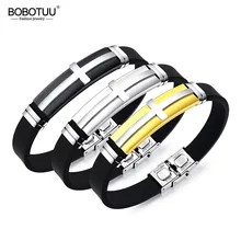 BOBOTUU модные крестик позолоченный Нержавеющая сталь браслеты с пряжкой ювелирные изделия черная силиконовая резина Браслеты для Для мужчин BOPH1251