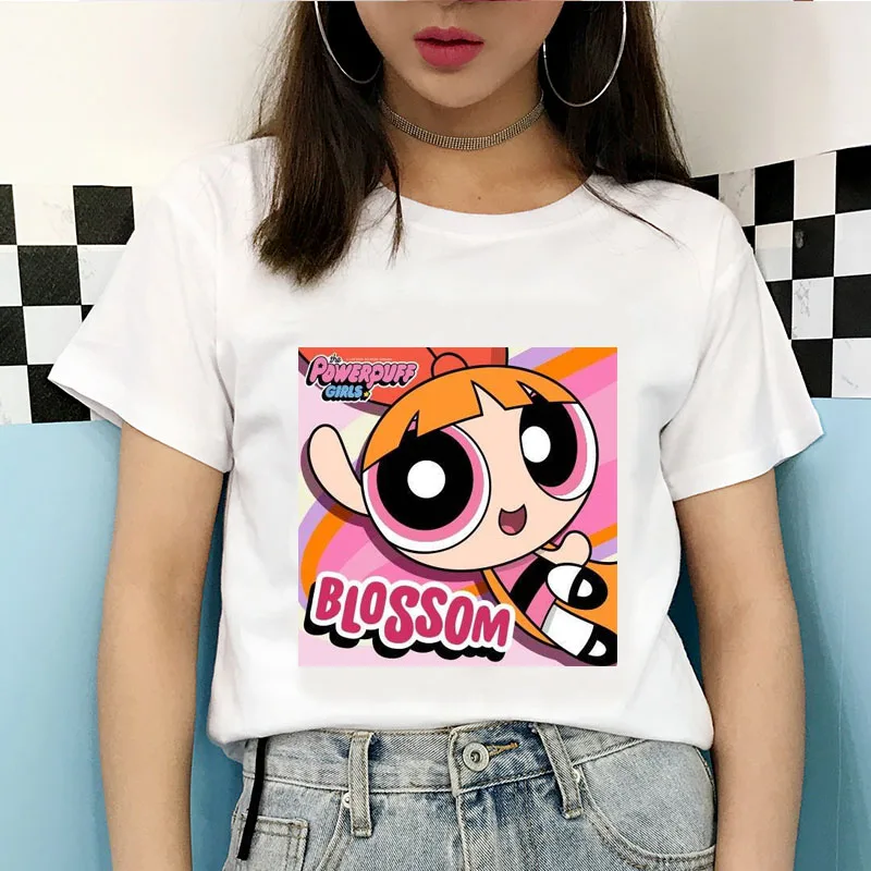 2020 New Summer Kawaii White Tops Powerpuff T Shirt Girls Harajuku Funny Cartoon Printed Cute T-shirts Women's Fashion Clothing