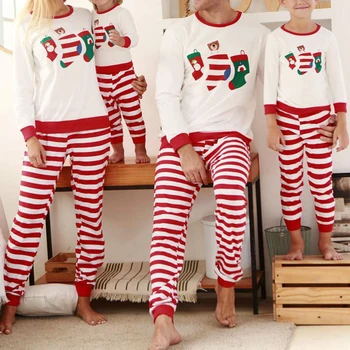 

Baby Clothes Autumn Winter New Style Leisure Night Wear Sleep Wear Striped Parent-child Suit Christmas Print Family Pajamas Set
