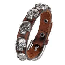 Панк рок готический браслет с черепом манжета для мужчин сплав скелет кожа талисманы браслет пояс с запахом браслет Винтаж хип-хоп модные украшения