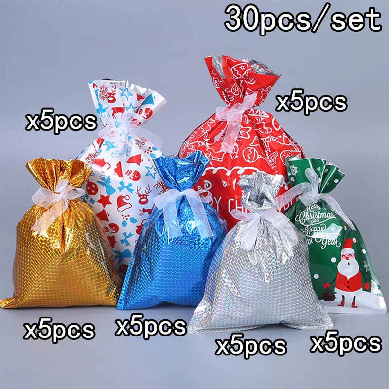 30pcs Christmas Party Bags Candy Gift Bag Packing Wrap Ribbon Tie Xmas Santa Bag