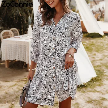 

Office Lady Short Dress Women 2020 Spring Summer Elegant Mini Dress Three Quarter Sleeve Print V Neck Casual Dress Vestidos