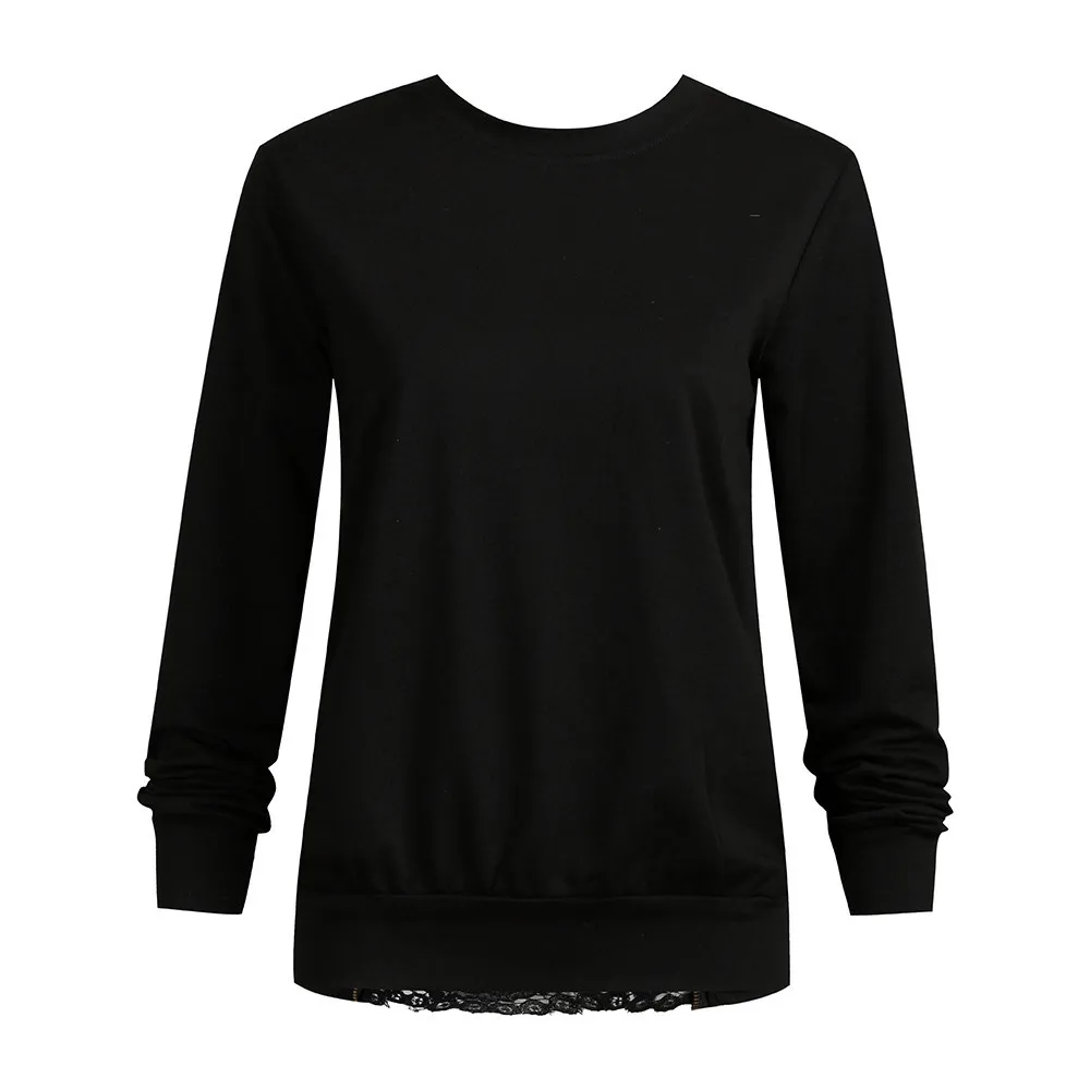 Изысканные Лоскутные женские блузы и топы с круглым вырезом, свитшоты с длинными рукавами, Женская Кружевная футболка, блузка, тканевые кофты - Цвет: Черный