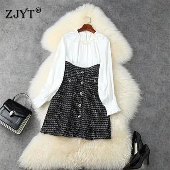 

2020 New Autumn Runway Designer Women Fashion Lantern Sleeve Beading Neck Tweed Woolen Patchwork Dress Vintage Vestidos