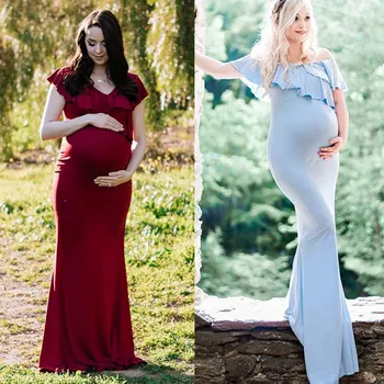 

maternity dresses Pregnants Maternity Photography Props Short Sleeve Ruffles Solid Dress vestido pregnancy dress платье женское
