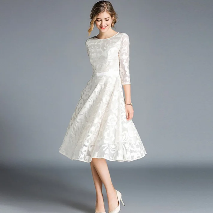 Autumn Lace Dress Work Slim O-neck Sexy Hollow Out Dresses Women Half Sleeve A-line Vintage Vestidos DA171