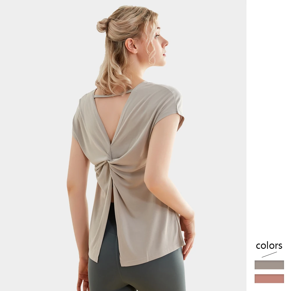 

Women Short Sleeve Shirt Casual O-neck Solid Hollow Out Tops Sexy Tie Knot Split Backless Pullovers Femme Loose T-shirt