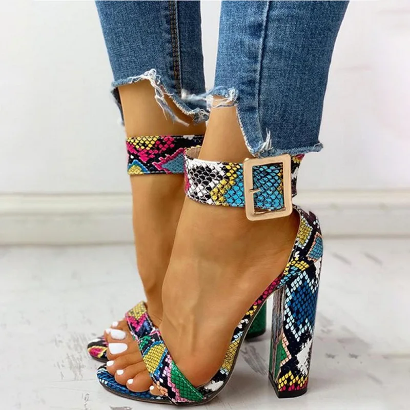 European American New Roman Thick Heel Sandals Retro Color Snake Print High Women's Party Shoes Casual Slippers INS | Обувь