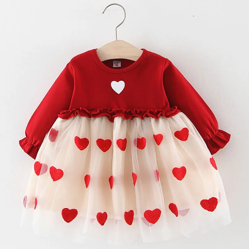 Платье для маленьких девочек; детская одежда для маленьких девочек; коллекция года; однотонное кружевное платье с вышивкой в виде сердца; Новое Осеннее детское платье-пачка