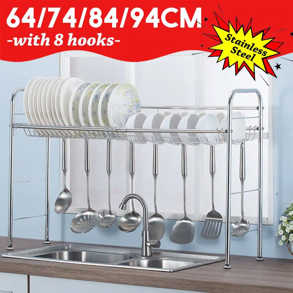 

High Quality Stainless Steel Dishes Rack Dual Sink Drain Rack Multi-use Home Kitchen Organizer Rack Dish Shelf Sink Dry Rack New