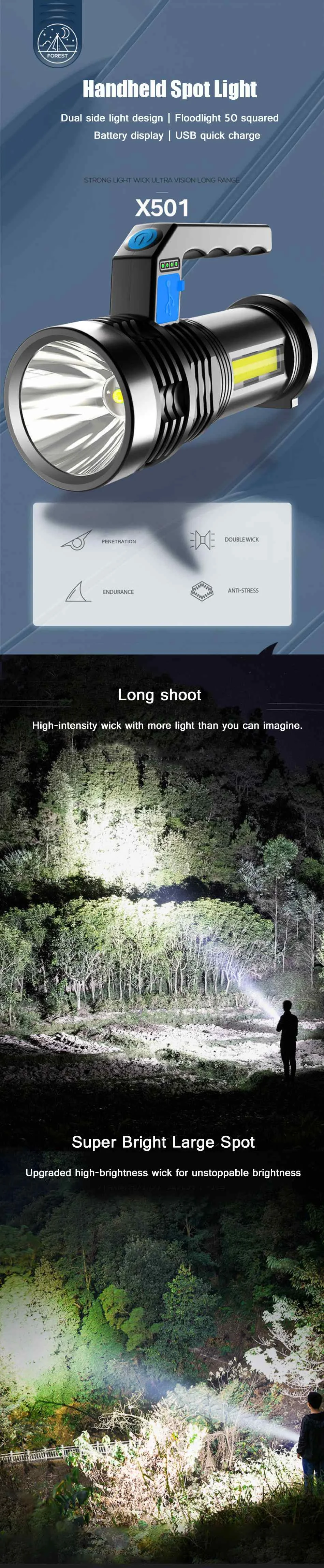 diodo emissor de luz iluminação de longo alcance usb recarregável poderoso handheld spotlight lanterna portátil sidelight para caça aos peixes