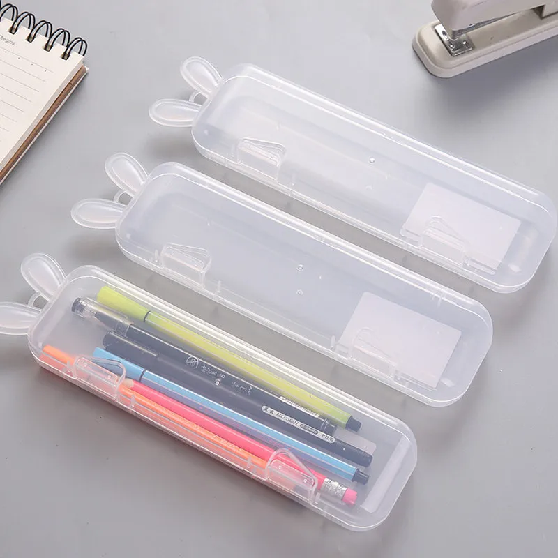 

Simple Transparent Pencil Case Cute Rabbit Ears Frosted Plastic Pencil Pen Storage Box Stationery Gift for Girl School Supplies