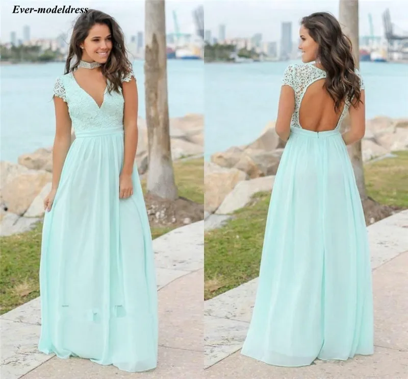 

Mint Green Bridesmaid Dresses Long V-Neck Backless Short Sleeves Chiffon Lace Maid of Honor Sexy Party Gowns Vestidos de Fiesta