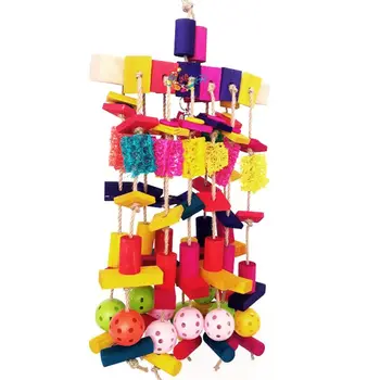 

Multicolored Wooden Blocks Parrot Natural Loofah Heavy Duty Rack Bite Bird Toys