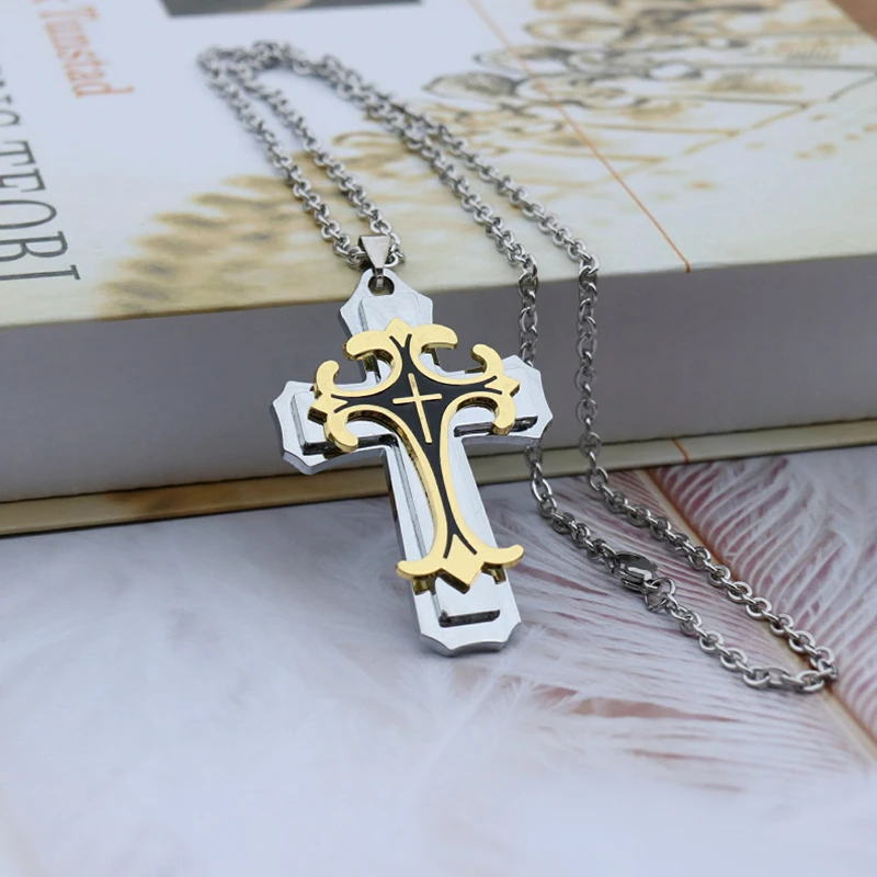 Gold and Silver Color Vintage Multi-layer Cross Pendant Necklace Fashion Jewelry Classic Men's 60cm Long | Украшения и
