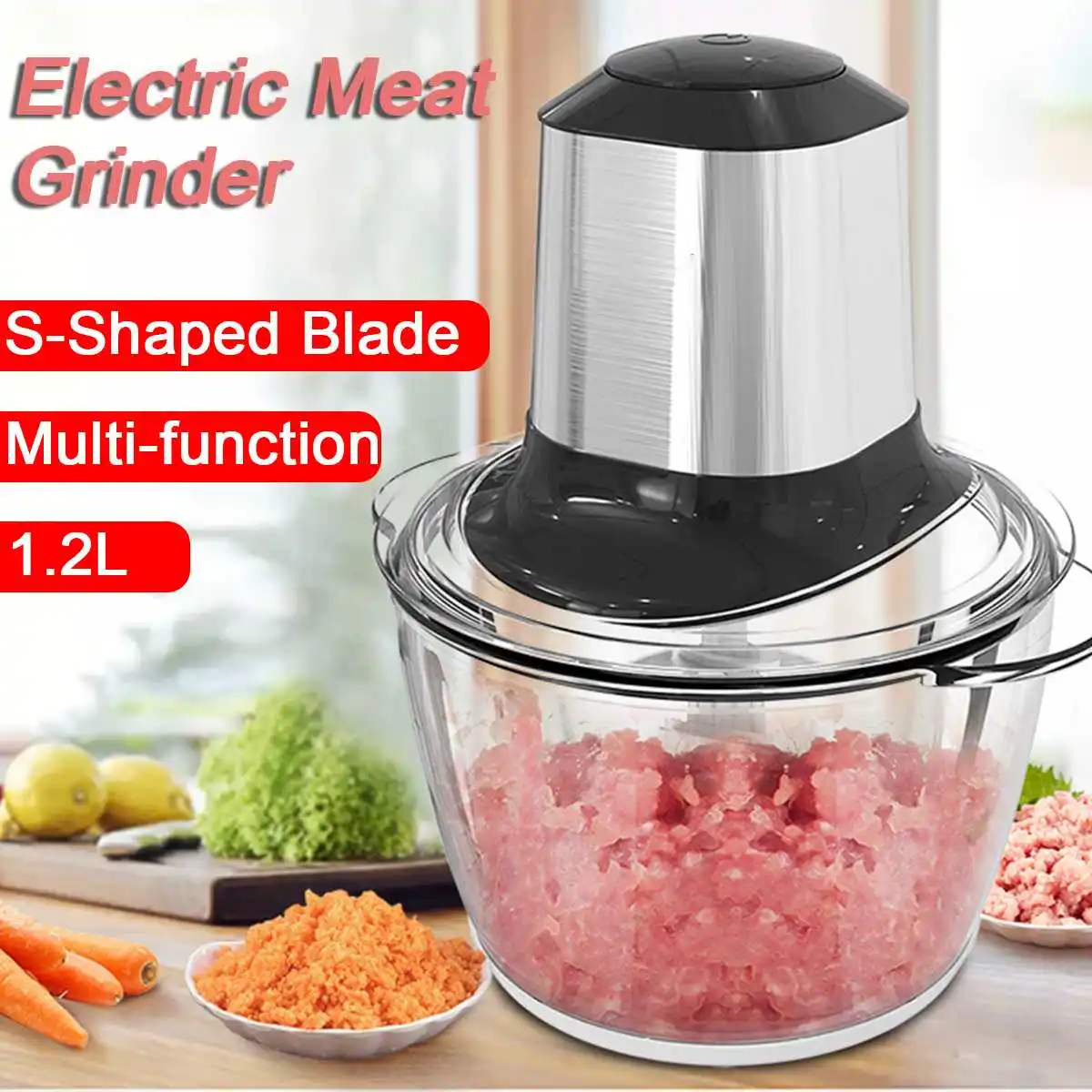 

1.2L Electric Meat Grinder 200W Stainless Steel Kitchen Mincer Chopper Electric Household Food Processor Slicer Kitchen Tool