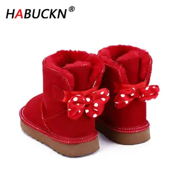 

HABUCKN 2020 new fashion cute children‘s Snow Boots Cowhide Leather Boots Warm Winter Boots kids red black shoes bow-knot Boots