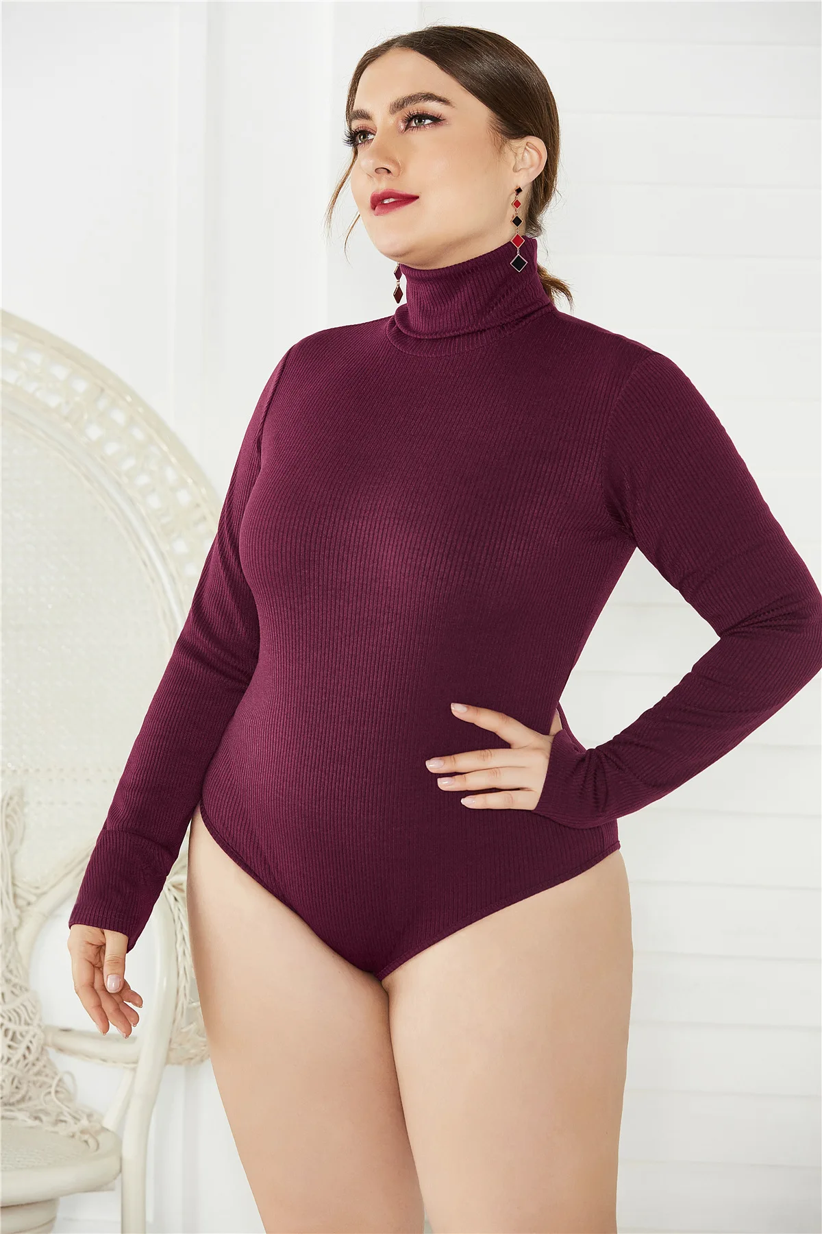 Plus Size Women Elegant Turtleneck Long Sleeve Knitted Bodysuits Autumn Winter New Solid Casual Bottoming Short Jumpsuits Female long sleeve bodysuit