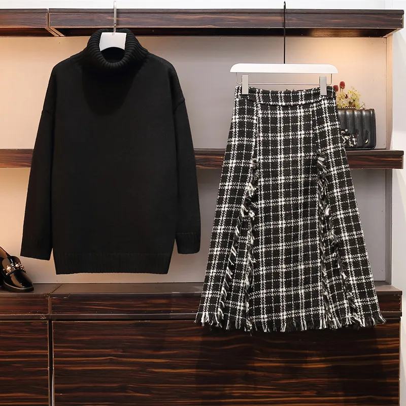 

Plus Size Women Pullovers 2 Piece Set Fall Winter Black Thicken Turtleneck Knitted Sweater + Long Tweed Plack A Line Skirt Set
