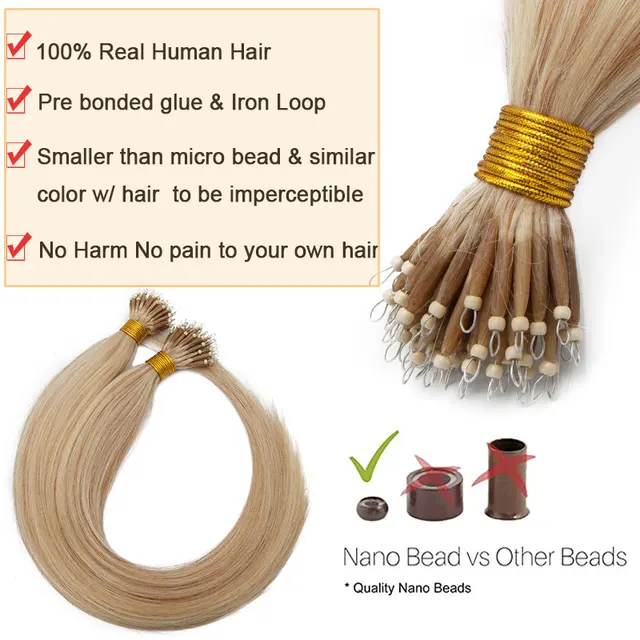 Sego Nano Bead Ring Human Hair Extension Pre Bonded Nano Tip Remy Hair Extensions Micro Beads Rings Loop Hand Tied Hairpiece 16 inch #04 Medium