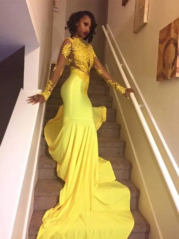 Yellow Prom Dresses Long Lace Appliques Mermaid High Neck Full Sleeves Chapel Train Satin Evening Gown 209 windsor prom dresses